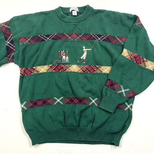 Vintage 90s IZOD Golf Sweater Mens Large Green Crewneck Cotton Plaid Embroidered