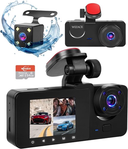 WIZACE 1080P Dash Camera for Cars, Dashcam Three Way Triple Car Camera with IR - Picture 1 of 17