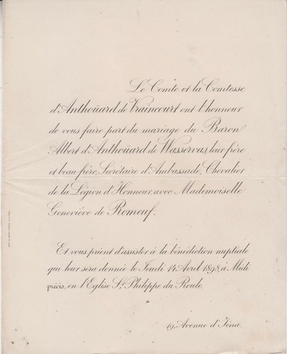 1898 Faire-part mariage Albert d'ANTHOÜARD de WASSERVAS & Geneviève de ROMEUF. - Picture 1 of 2