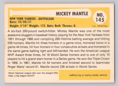 1980 Baseball Immortals #145 Mickey Mantle Hof NY Yankees Ex-Mt - Bild 12 von 12