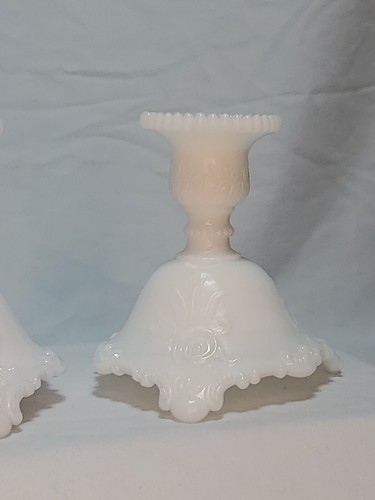 Victorian White Lacy Milk Glass Candlestick Pair Candle Holder Cottagecore Decor - Picture 4 of 21