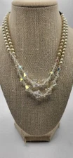 Vintage Pearl Faceted Crystal Aurora Borealis Necklace Layered Double Stranded
