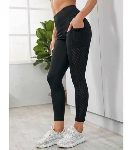 Push Up Highwaist Stretch Leggings with Pockets Sports Pants Womens Jeggings Black - Picture 3 of 15