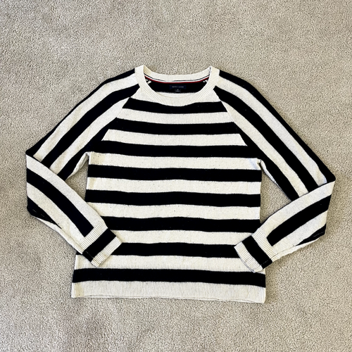 Tommy Hilfiger Womens Navy Crew Neck Striped Wool Blend Jumper Small