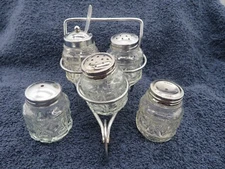 Vintage Glass Salt, Pepper, Sugar, Oil & Vinegar w/Metal Wheelbarrow Caddy