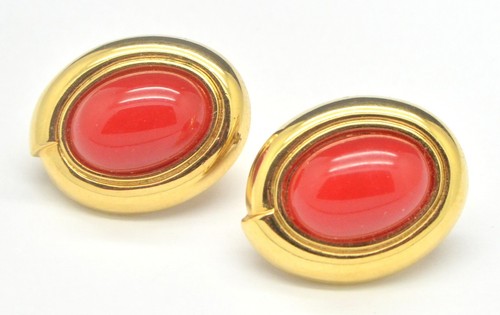 Vintage Earrings MONET 1980s Stylish Red Lucite Gold Plated Pierced Jewellery - Picture 3 of 7