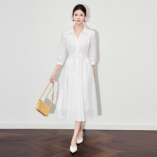 French Style Women V Neck 3/4 Sleeve Mid Long Shirt Dress Pullover A Line Ladies - Foto 1 di 26