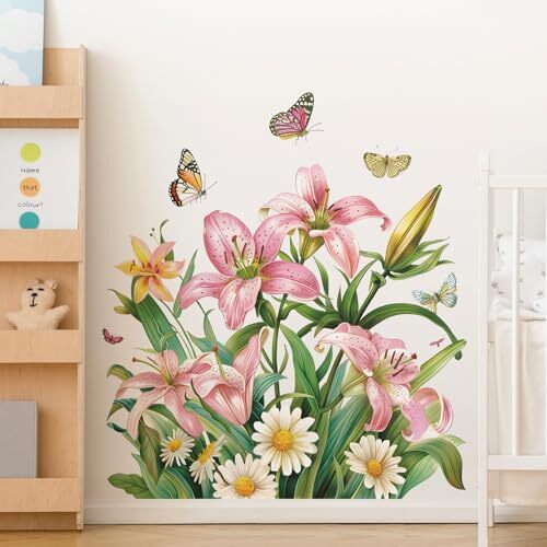 2 Sheets Removable Romantic Flowers Wall Decal Lily Daisy Floral Wall Pink - Bild 1 von 7