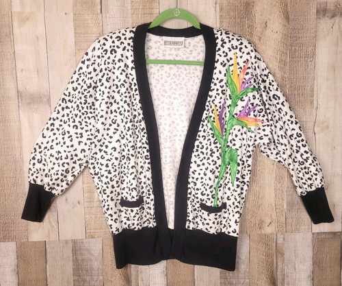 Vintage Peter Popovitc Birds of Paradise Embroidered Sweater Leopard Print USA M - Picture 12 of 12