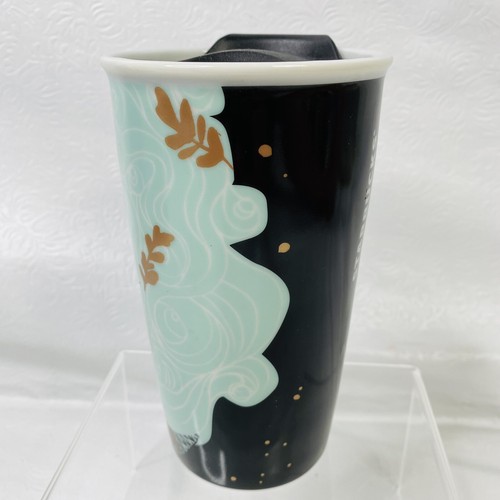 Taza vaso de viaje de cerámica Starbucks verde azulado dorado sirena pelo de sirena con tapa de plástico - Imagen 5 de 9