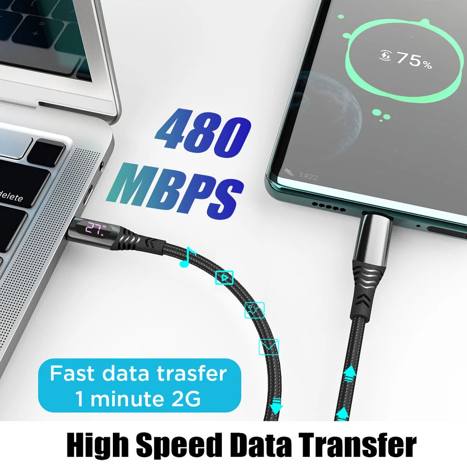 Type C to USB-C Cable 100W Fast Charger with LED Display For iPhone 15 Samsung - Image 4 of 4