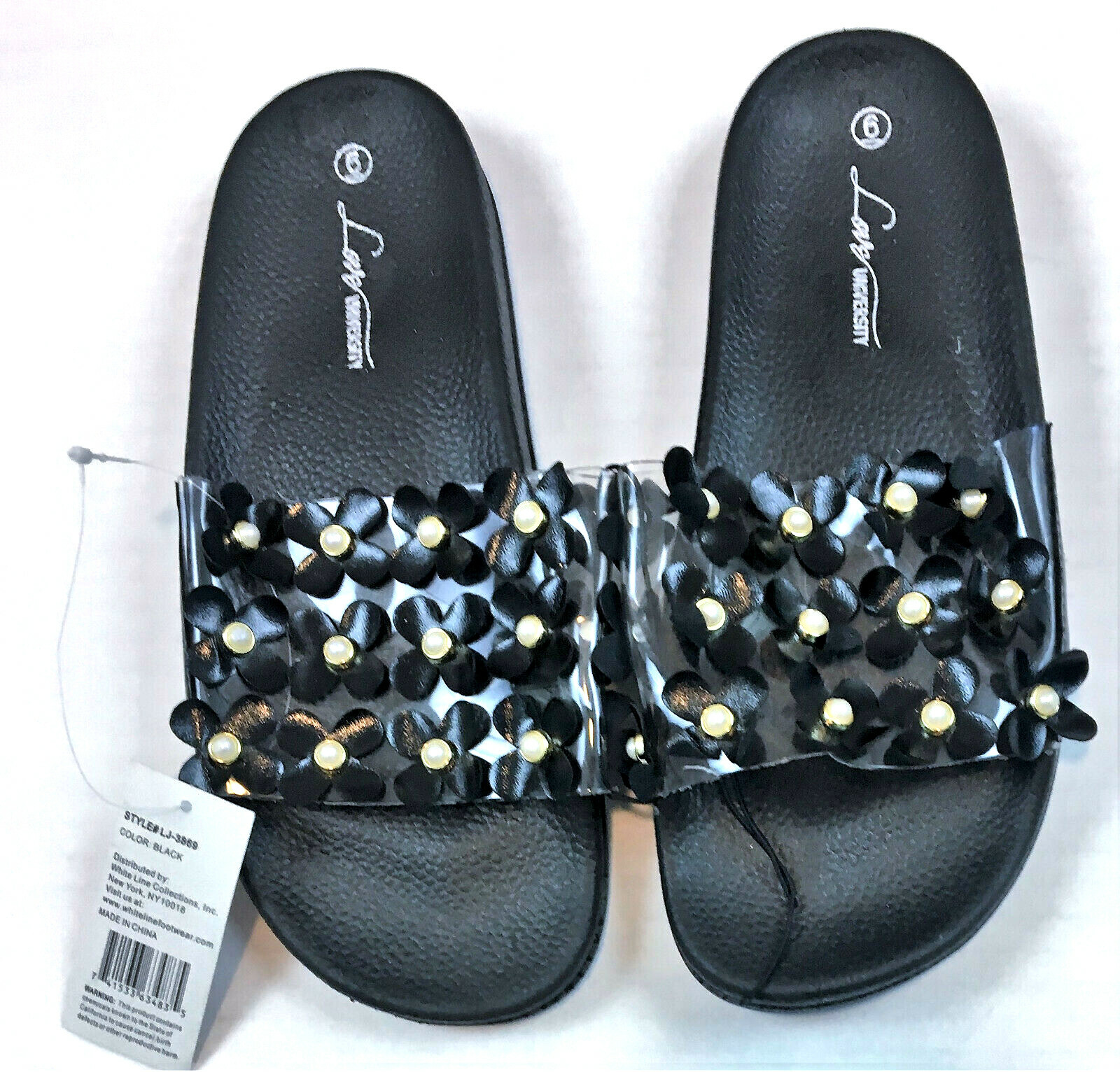 APL Love University Floral Applique Slide Flip Flops Black Size 6