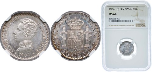 Spain 1904 PCV 50 Centimos Silver 835 NGC MS 64