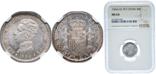Spain 1904 PCV 50 Centimos Silver 835 NGC MS 64