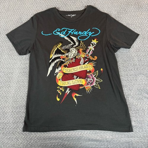 T-shirt maglietta uomo Ed Hardy strass grigio aquila manica corta cuori traforati M - Foto 3 di 11