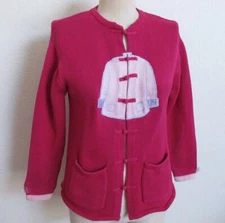 Shanghai Tang Cotton Cardigan Sweater 8 XS Asian Jacket Applique Whimsical Artsy