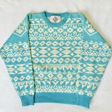 VINTAGE Sun Valley Sweater Medium Blue White Geometric 100 Pure Virgin Wool