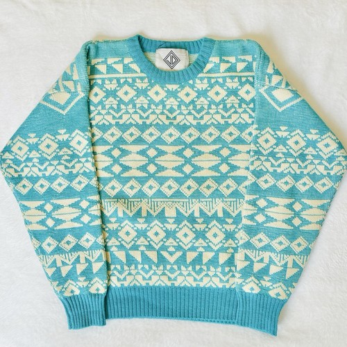 VINTAGE Sun Valley Sweater Medium Blue White Geometric 100% Pure Virgin Wool - Picture 1 of 12