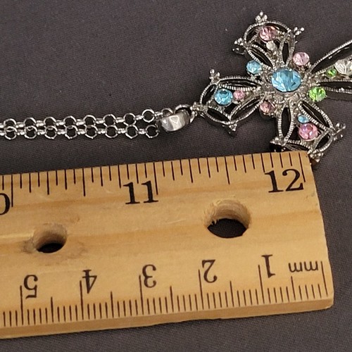 Silver Tone Round Link Chain Cross Pendant Rhinestone Fashion Necklace 22 in - Bild 7 von 9