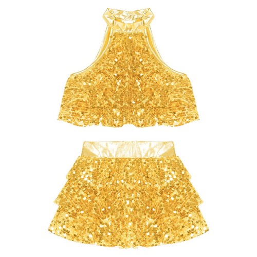 Girls Latin Salsa Samba Rumba Dancewear Sequins Tiered Crop Top with Skirts - Picture 5 of 71