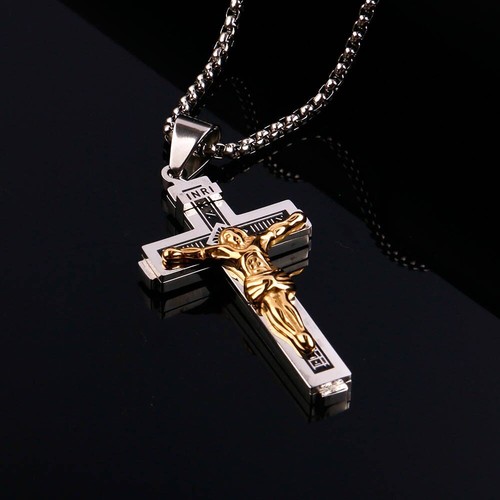 Herren Titan Gold Kreuz katholisches Kruzifix Anhänger Halskette drei Farben 24 Zoll Kette - Bild 22 von 24