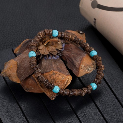 Natural Wood Bracelet Coconut Shell Vintage Stone Beaded Stretch Prayer Bracelet - Picture 22 of 48