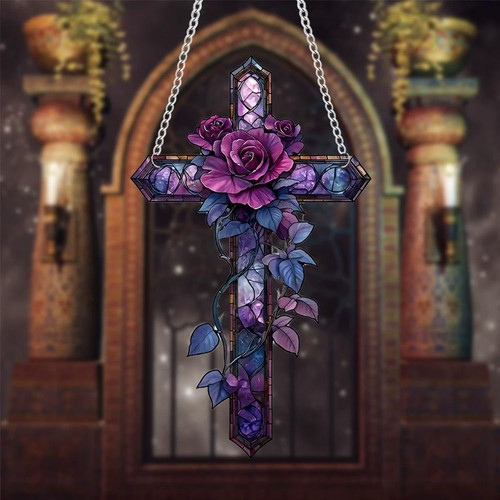 Purple Rose Cross Suncatcher Hanging Decor, Flat Stained Acrylic Suncatcher, - Picture 5 of 13