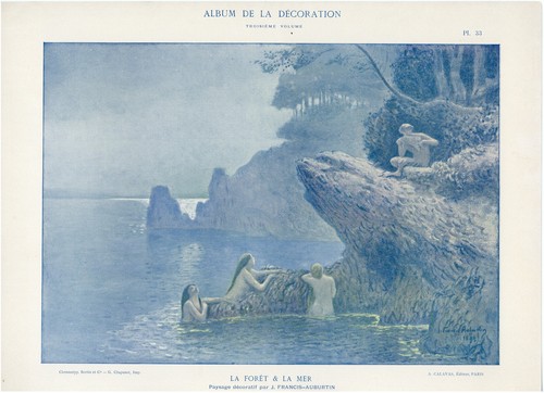 Décoration J Françis Auburtin Forêt Mer Baigneuse Musique Pan Chromotypie C1920 - Picture 3 of 3