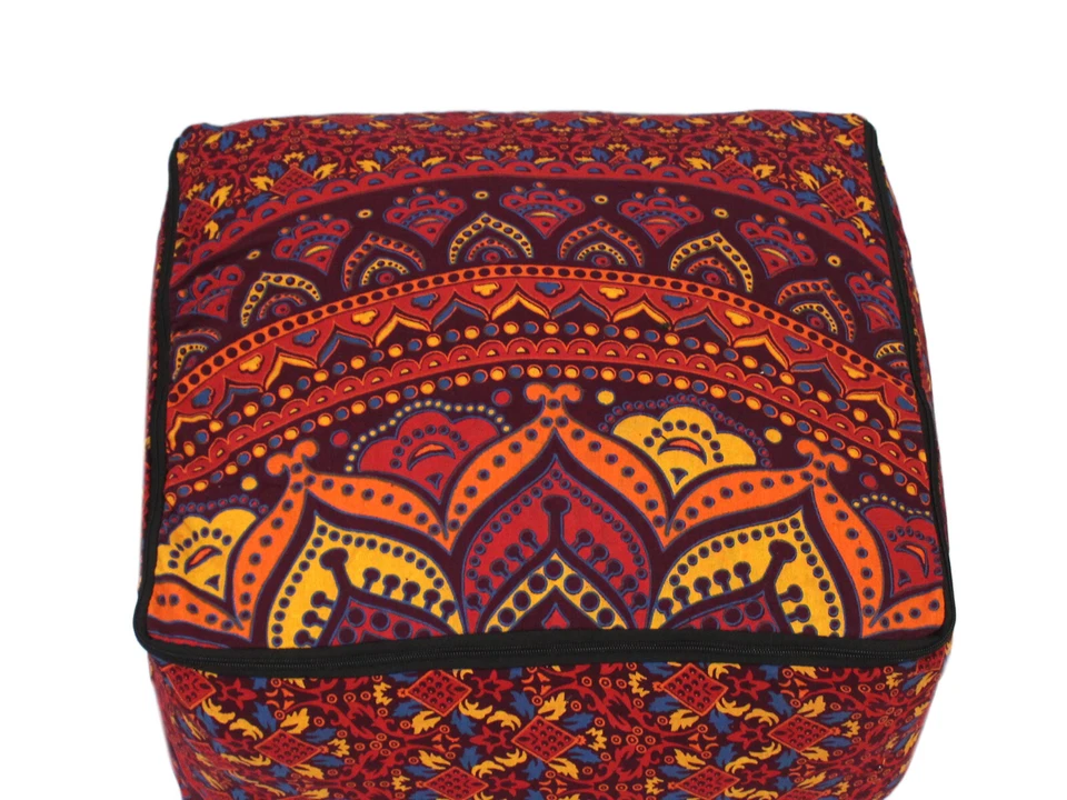 Square Ottoman Pouf Cover Indian Multi Red Mandala Footstool Cover All Size AU - Image 3 of 4