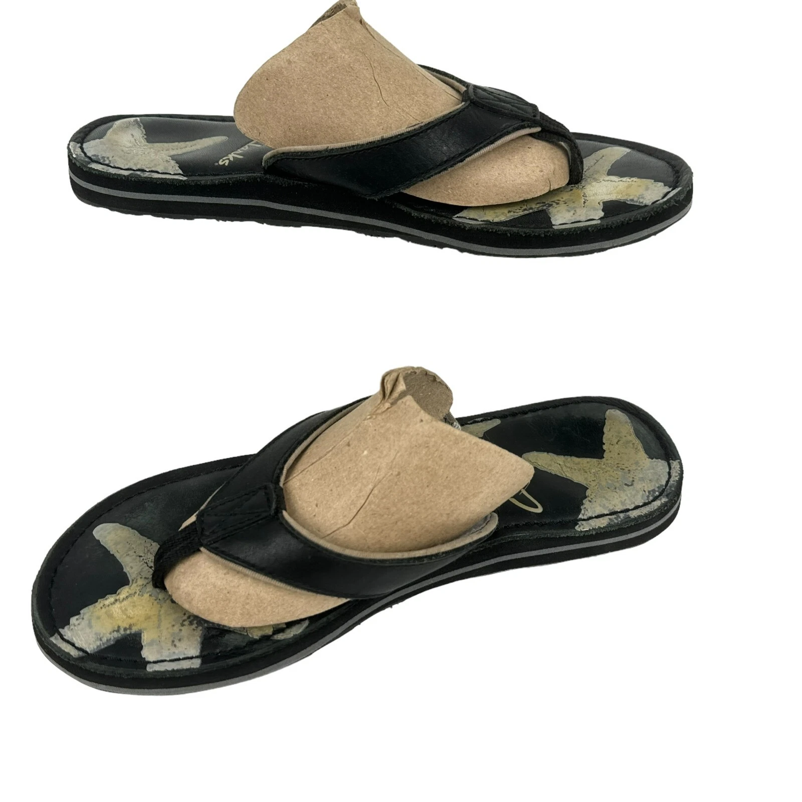 Sandali da spiaggia Clarks donna infradito perizoma taglia 10M pelle nero stelle marine