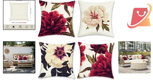 Floral Throw Pillow Covers 18x18 Inch Burgundy Peony Decorative Set of 4 - Picture 2 of 7