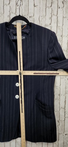 vtg. Escada Margaretha Ley Size 44 Germany Navy Pinstripe Wool Collarless Blazer - Picture 7 of 8