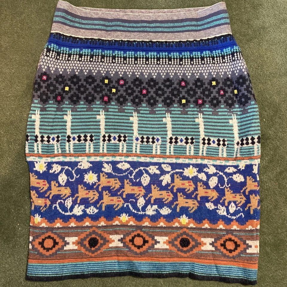 Anthropologie HWR Multicolor Lana Talla Grande Suéter Falda Lápiz Tejido Llama Arte