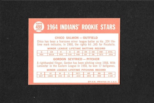 1964 TOPPS BASEBALL INDIANS ROOKIES CHIICO SALMON & SEYFRIED HIGH #499 (MINT) - Picture 2 of 4