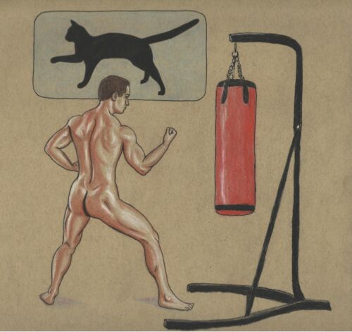 Figurine masculine nue dessin à l'encre et pastel artiste Jérôme Cadd entraînement sportif - Photo 3 sur 3