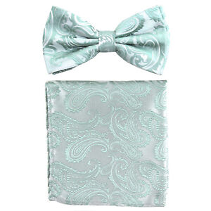 New Brand Q men/'s pre-tied bow tie /& hankie paisley microfiber formal aqua green