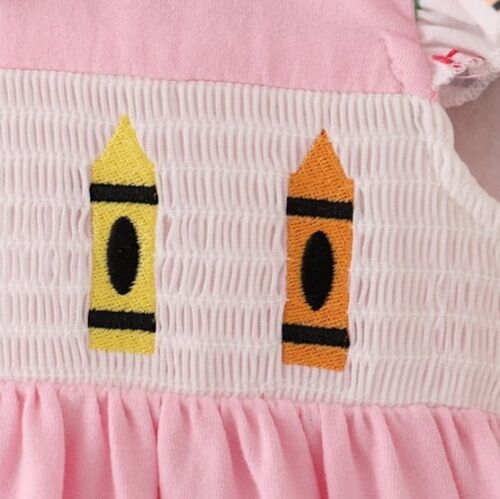 NEW Boutique Back to School Smocked Crayon Girls Pink Sleeveless Dress - Picture 3 of 11