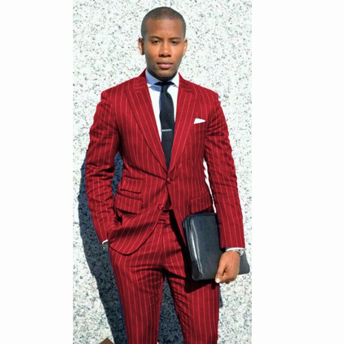 Striped Men's Suit Peak Lapel 2 Pcs Offical Business Wedding Groom Tuxedos Coat - Picture 11 of 26