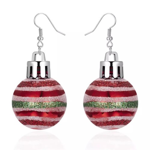 Christmas Ornament Earrings - Red, Green and White Stiped Christmas Tree Baubles - Picture 5 of 5