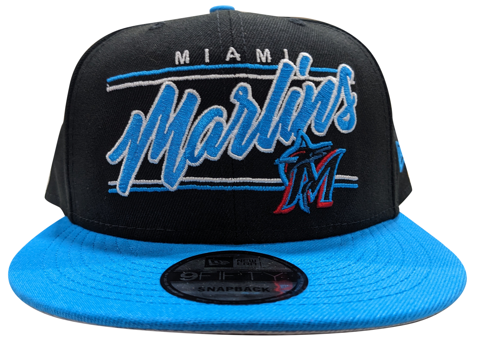 Мужская кепка New Era 9Fifty MLB Miami Marlins Team Script Black/Lt. Синяя бейсболка