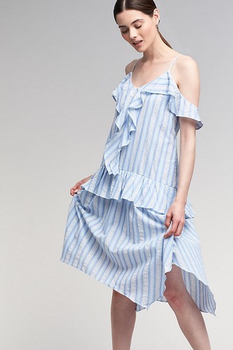 Anthropologie MOON RIVER L Dress EVA RUFFLED Cotton Cold Shoulder Lined NWT - Picture 2 of 4