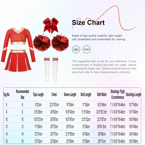 UK Girls Cheer Leader Costume Carnival Party Outfit Pom Poms Headwear Stockings - Picture 12 of 61