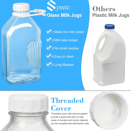 4-Pack 2 Qt Glass Milk Bottles with Handle & Airtight Lids - 64 Oz Juice & Water - Picture 5 of 12