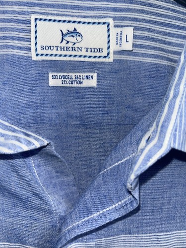 Southern Tide Shirt Mens Lg Blue Striped Button Up Short Sleeve {JJ} - Picture 2 of 8