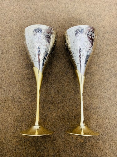 Set of 2 Wine Goblets Brass Glass Silver Plated Wedding Gift Goblet Wine Glass B - Picture 5 of 6