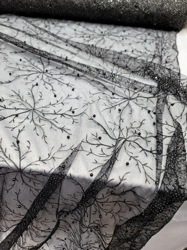 Pearl Embroidery Fabric Black Mesh Silver Glitter Lace Fabric Sold By The Yard - Picture 10 of 12