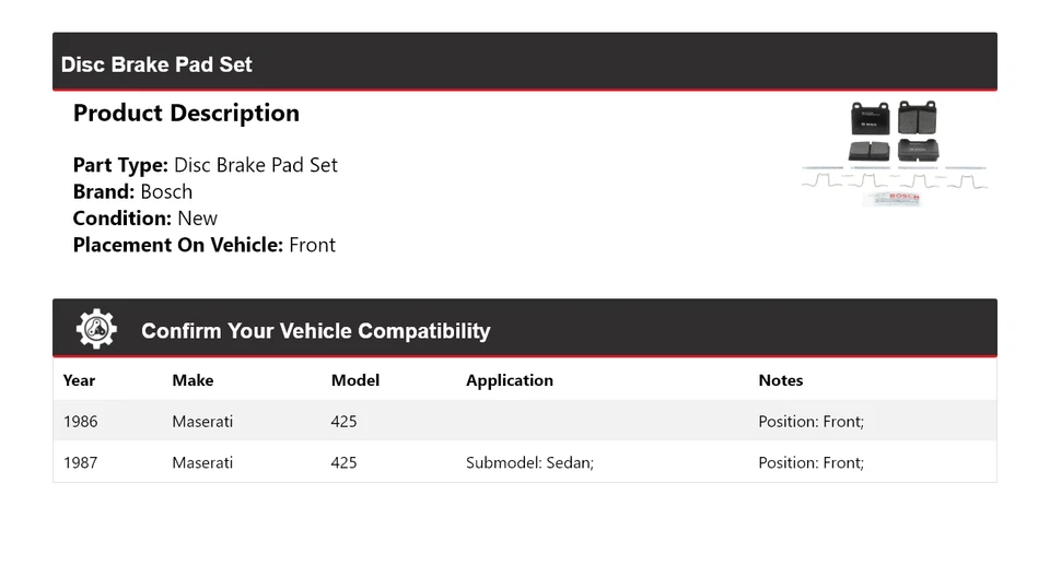 Pastillas de freno delanteras de cerámica QuietCast Bosch 1986-1987 Maserati 425 Foto 2 de 4