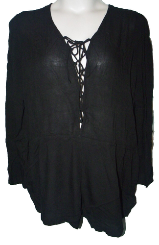 Silver Jeans Co Solid Black Lace Up Front Long Sleeve Romper Size XL NWT - Picture 1 of 8