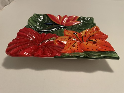 Centrum Plate Aloha Collection Hibiscus Bird of Paradise Hand Painted 10" Square - Picture 11 of 15
