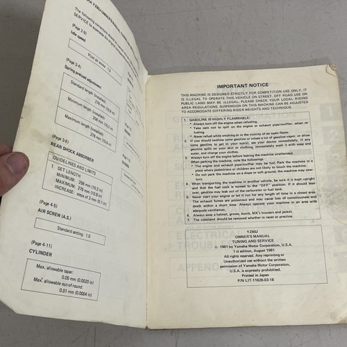 Yamaha YZ80J Motorcycle Owner's Manual Tuning And Service - Picture 4 of 12